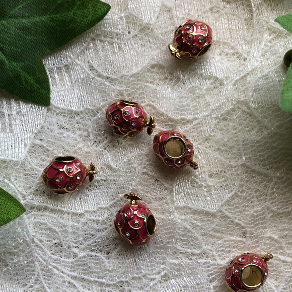 Vintage Faberge Egg Charm with Bird; Goldtone, Rose Pink Enamel, Silver plated - Picture 2 of 2